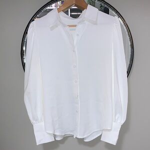 Women's White Long-Sleeve Button-Down Shirt with Puff Shoulders